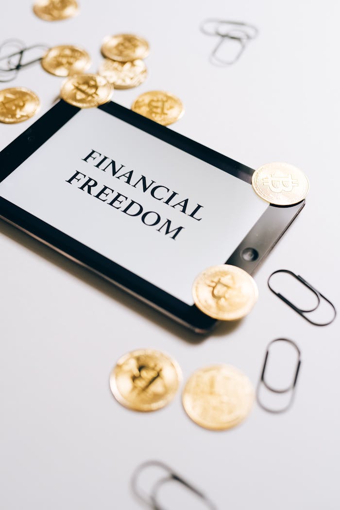 Coins are scattered around a digital tablet displaying 'Financial Freedom', symbolizing cryptocurrency wealth.